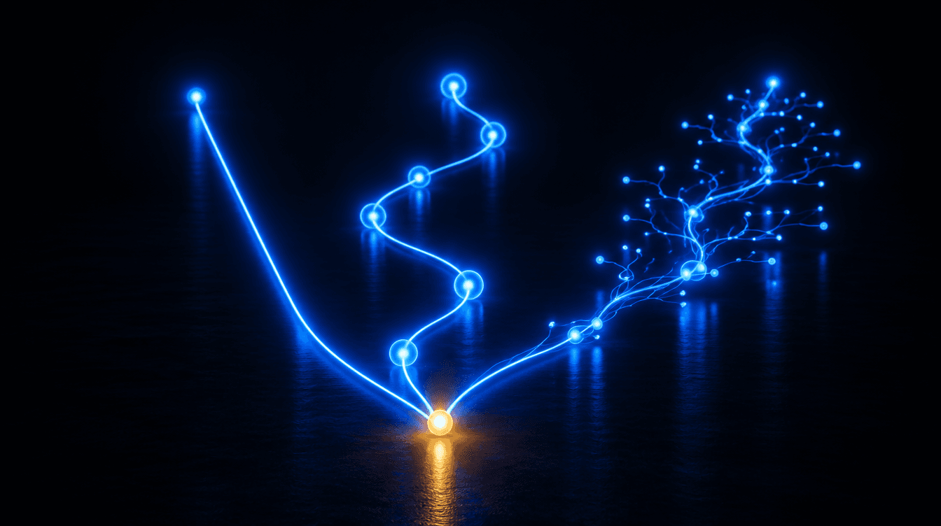 Tres caminos de luz salen de un mismo punto: uno recto, otro con varios nodos y otro más complejo, sobre un suelo oscuro.