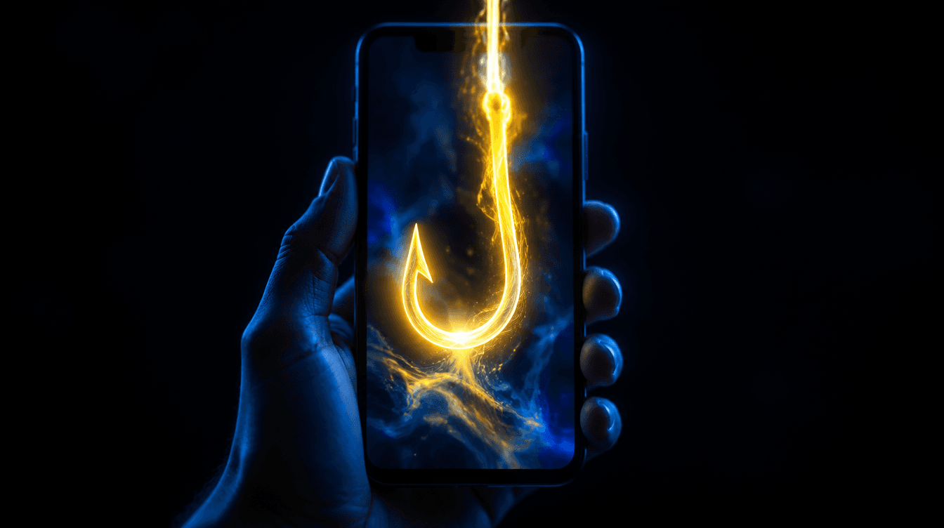 Una mano sostiene un móvil en vertical del que sale un anzuelo de luz amarilla, en una habitación oscura con brillo azul.