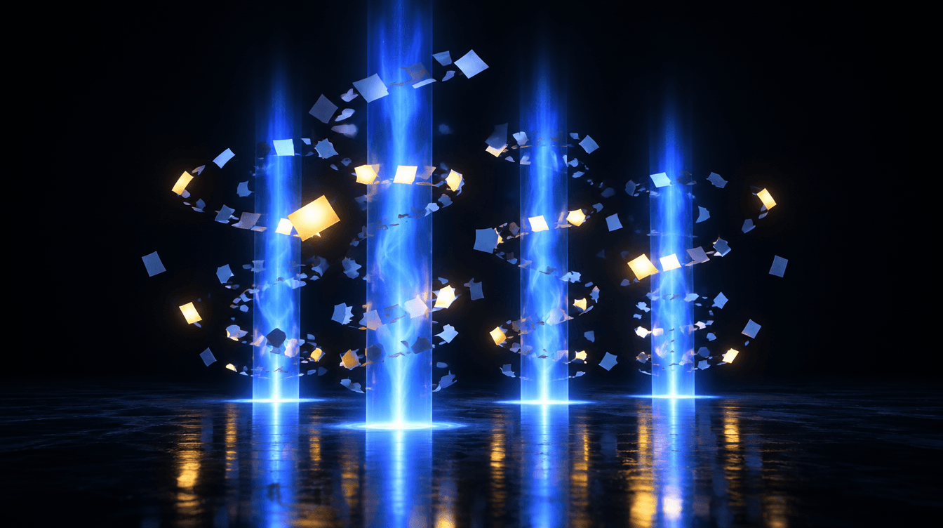 Cuatro columnas de luz azul rodeadas de decenas de tarjetas de papel flotantes, algunas iluminadas en amarillo.