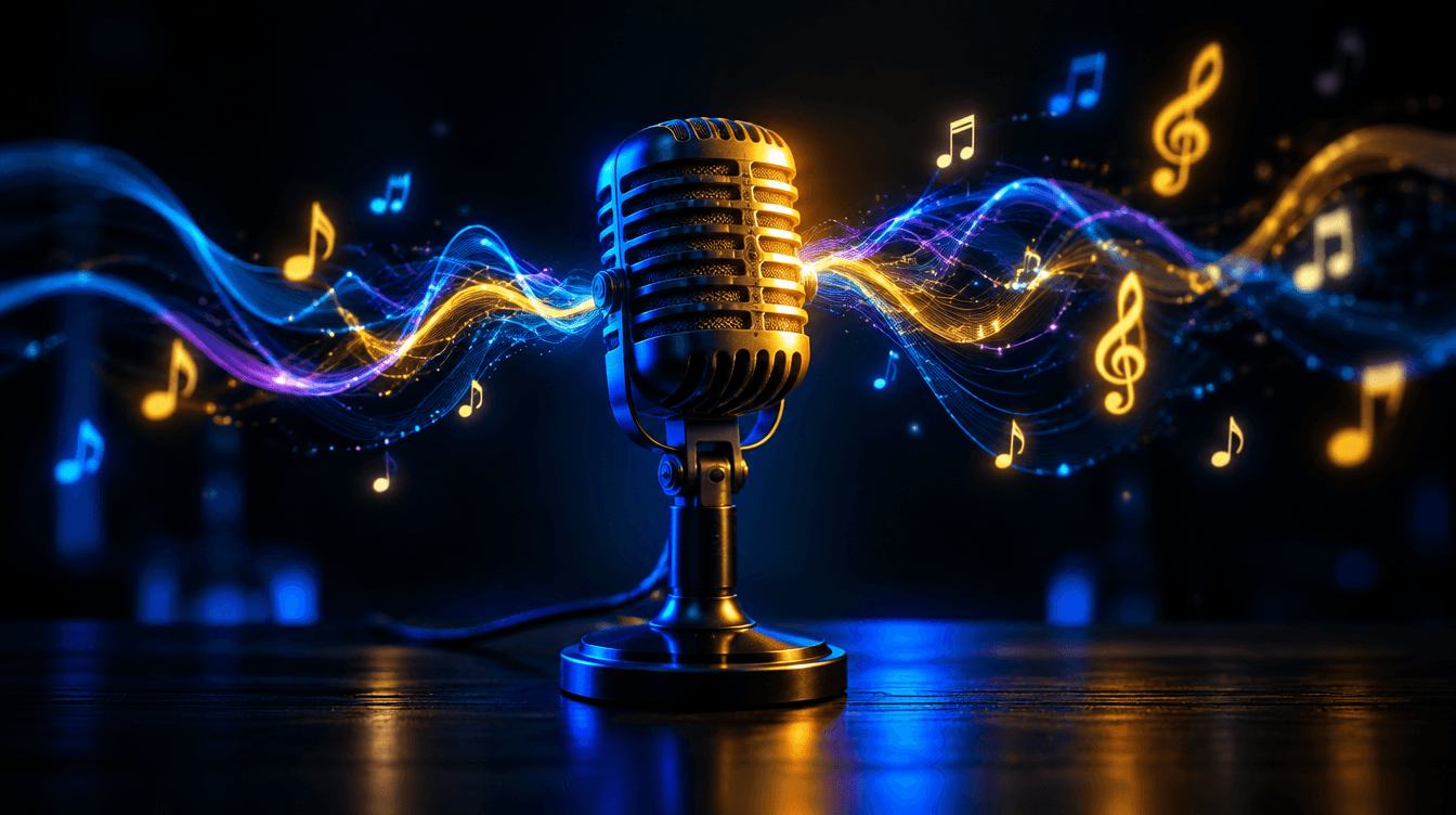 Un micrófono de estudio del que salen ondas de sonido luminosas en azul y amarillo.