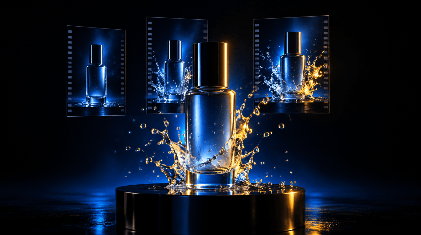 Un frasco de cristal sin marca sobre un pedestal oscuro con salpicaduras de agua congeladas y tres fotogramas flotando detrás.
