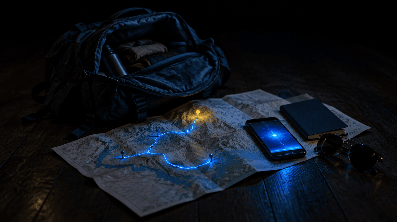 Una mochila de viaje abierta junto a un mapa con una ruta de luz azul y un punto amarillo, y un móvil encima.
