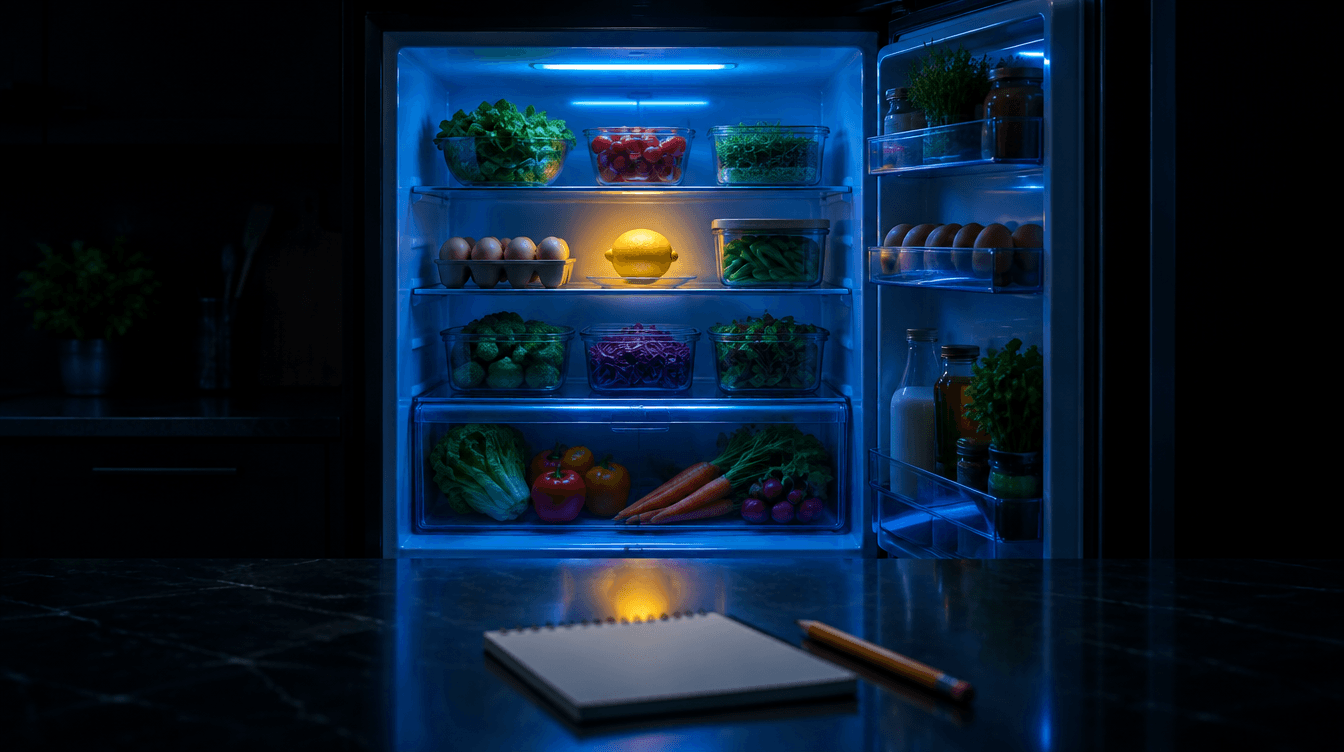 Una nevera abierta en una cocina a oscuras, con luz azul sobre verduras y huevos y un limón iluminado en amarillo.