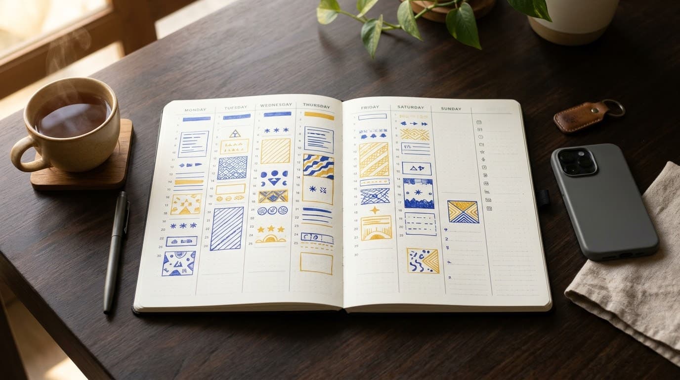Agenda semanal con bloques de colores sobre una mesa de madera, junto a una taza de té y un bolígrafo, vista desde arriba.