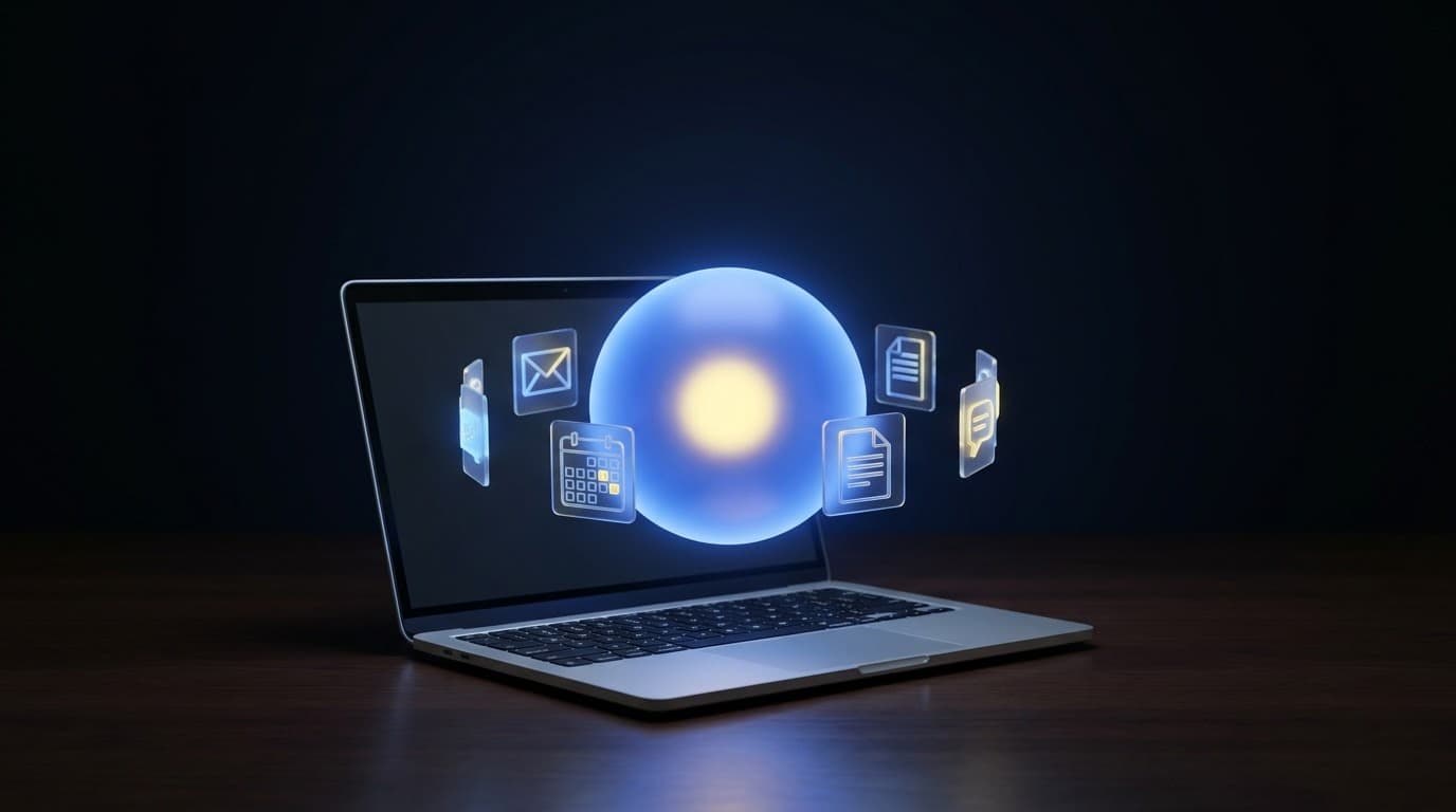 Una esfera de luz azul flota sobre un portátil, rodeada de iconos de correo, calendario, documento y chat.