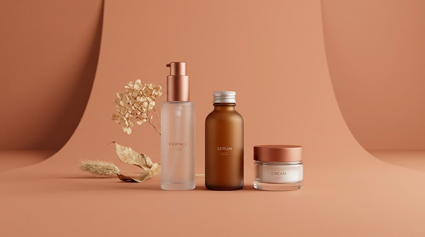 Tres botes de cosmética sobre un fondo liso de color terracota, con luz de estudio suave y flores secas.
