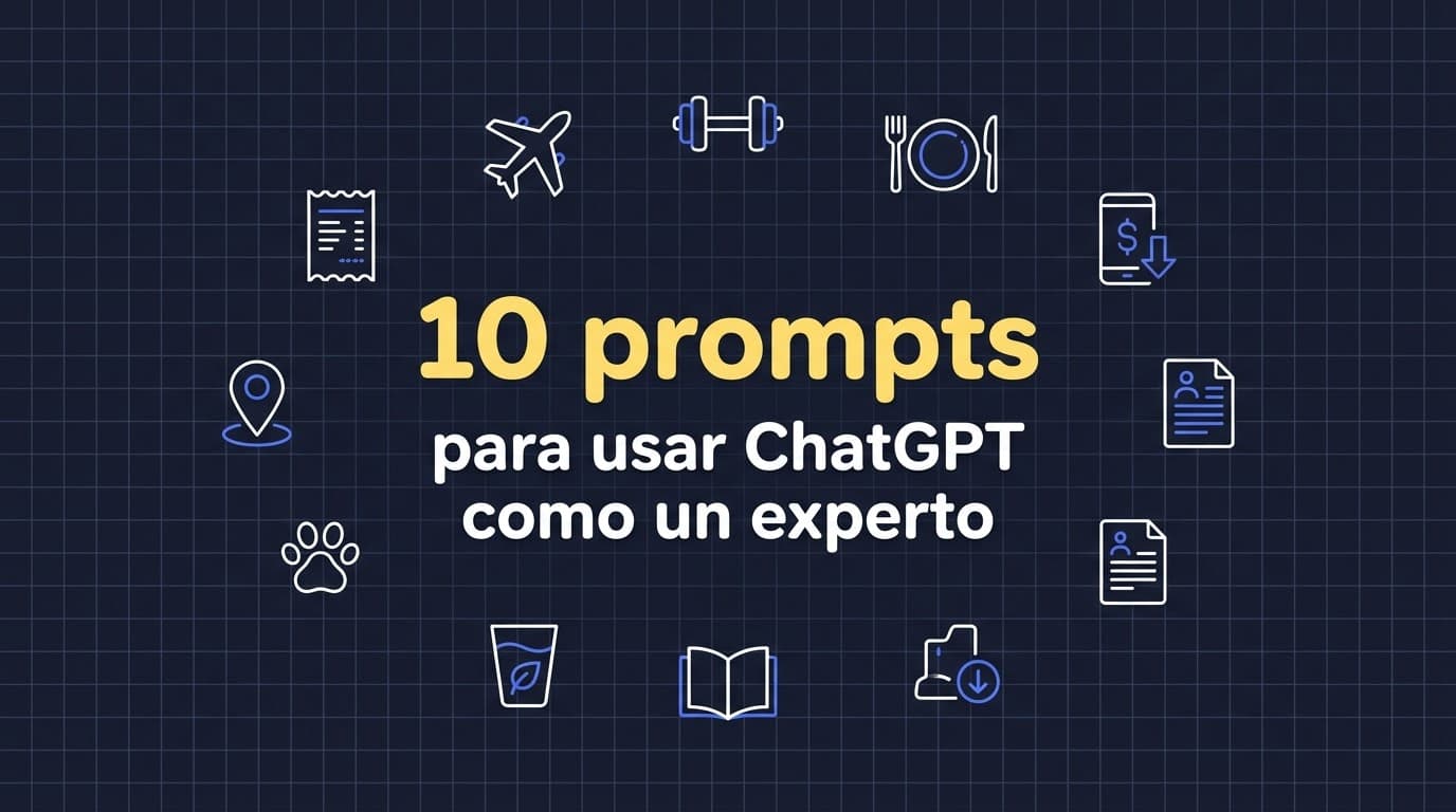 Portada oscura con el texto «10 prompts para usar ChatGPT como un experto» en amarillo y blanco, rodeado de iconos de un ticket de compra, un avión, una mancuerna, un plato, una factura, un currículum, un libro, un vaso de agua, una huella de mascota y un marcador de mapa.