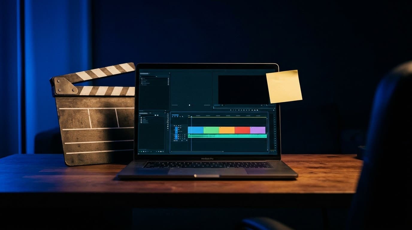 Portátil con una línea de tiempo de edición de vídeo dividida en seis partes y una claqueta de cine sobre un escritorio oscuro.