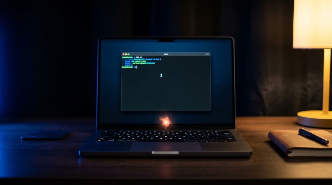 Portátil en un escritorio oscuro con una terminal en pantalla y una pequeña luz flotando sobre el teclado, como un asistente trabajando.