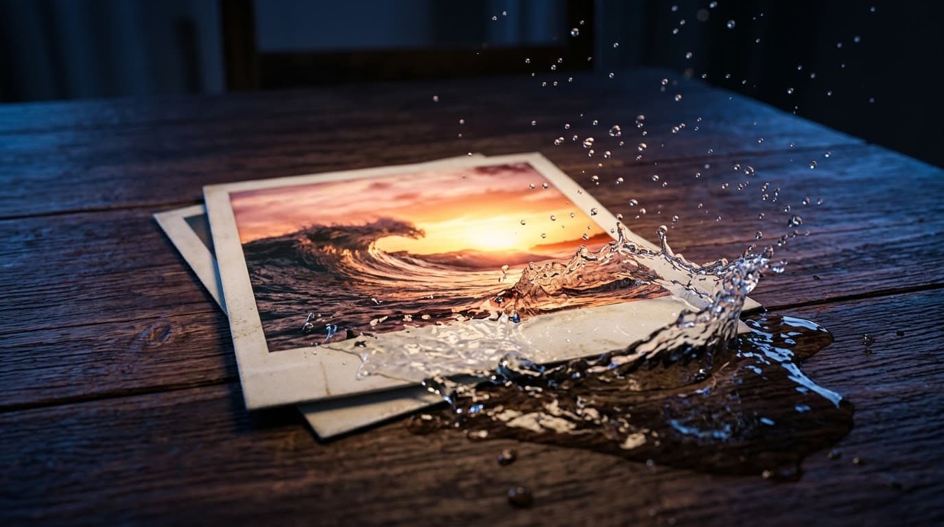 Una foto instantánea sobre una mesa oscura de la que sale una ola real, como si la imagen cobrara vida.
