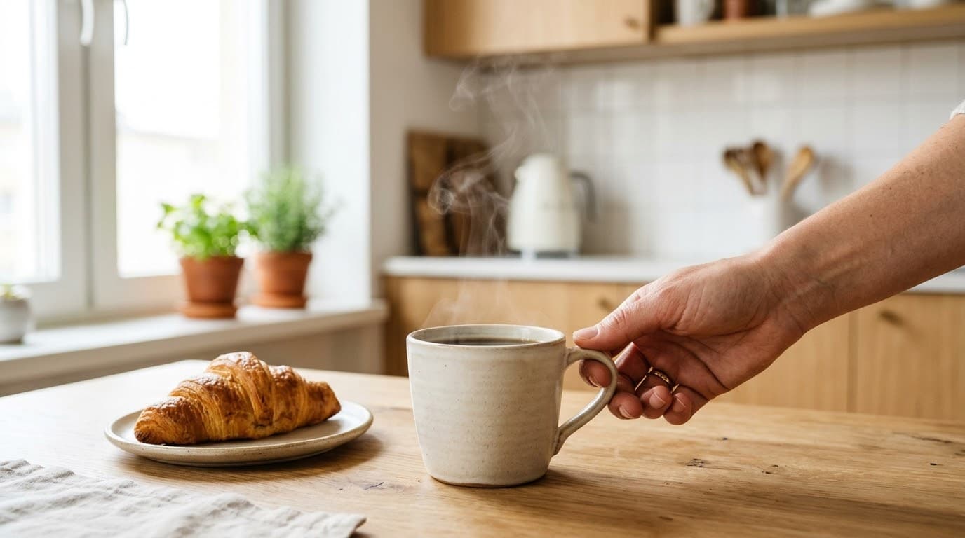 Una taza de café humeante en una mesa de madera junto a un cruasán, en una cocina luminosa por la mañana.