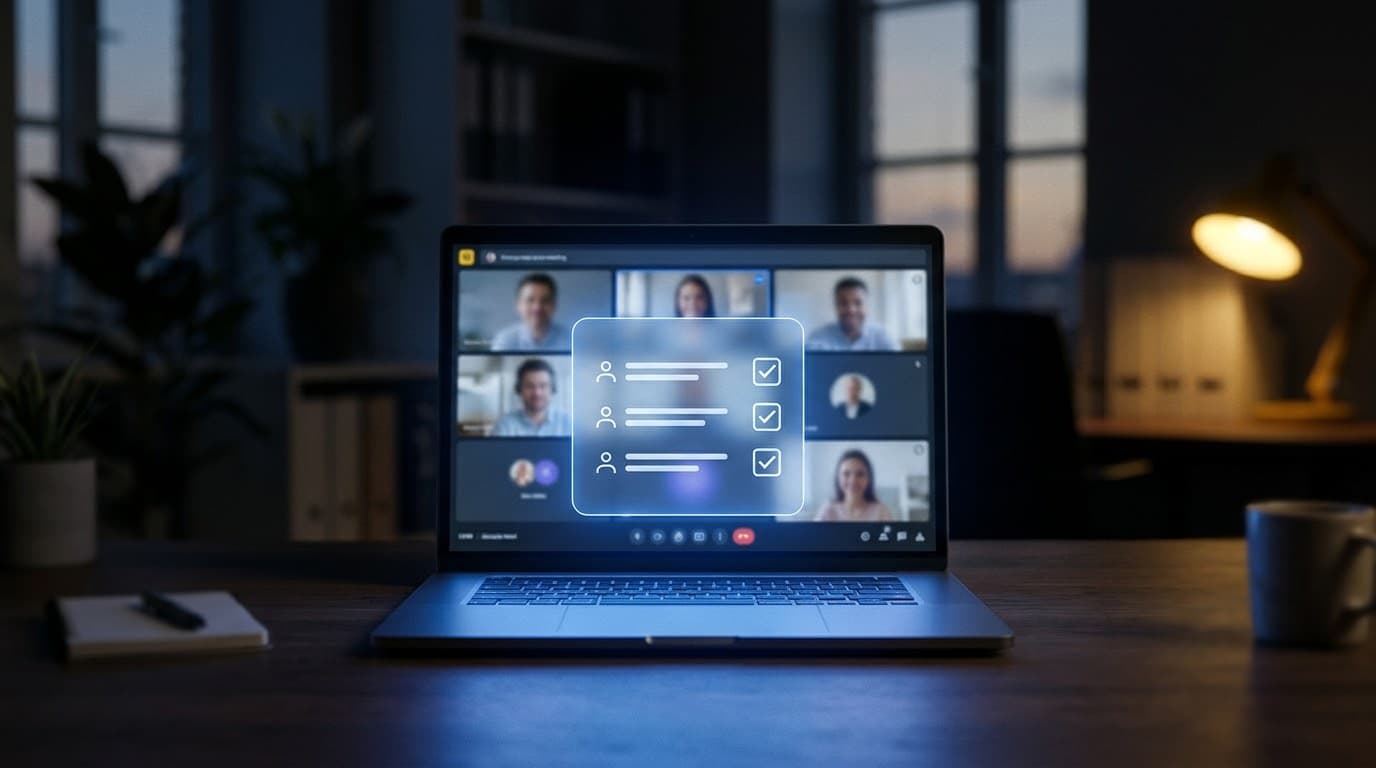 Una videollamada en un portátil y, sobre el teclado, una tarjeta luminosa con una lista de tres tareas marcadas.