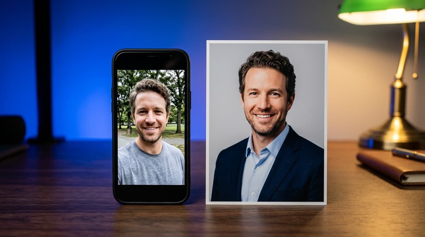Un móvil con un selfie informal en la pantalla y, a su lado, la misma persona en una foto de perfil profesional con americana y fondo gris.