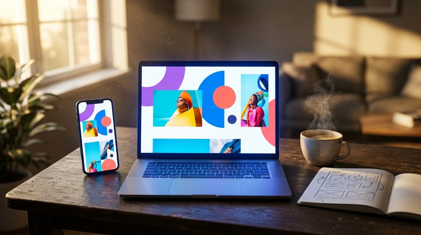 Portátil y móvil mostrando la misma web recién creada, junto a un cuaderno con bocetos y una taza de café al atardecer.