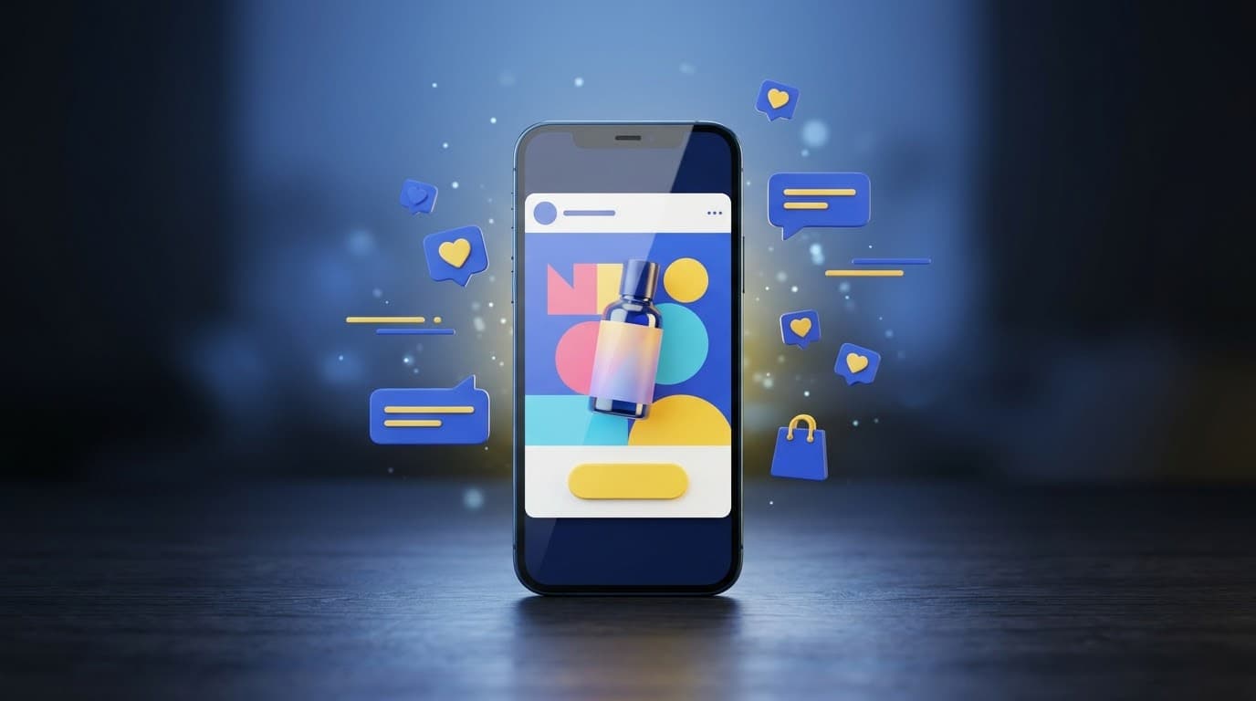 Un móvil con un anuncio de Instagram en pantalla, rodeado de iconos flotantes de corazones y de una bolsa de la compra.