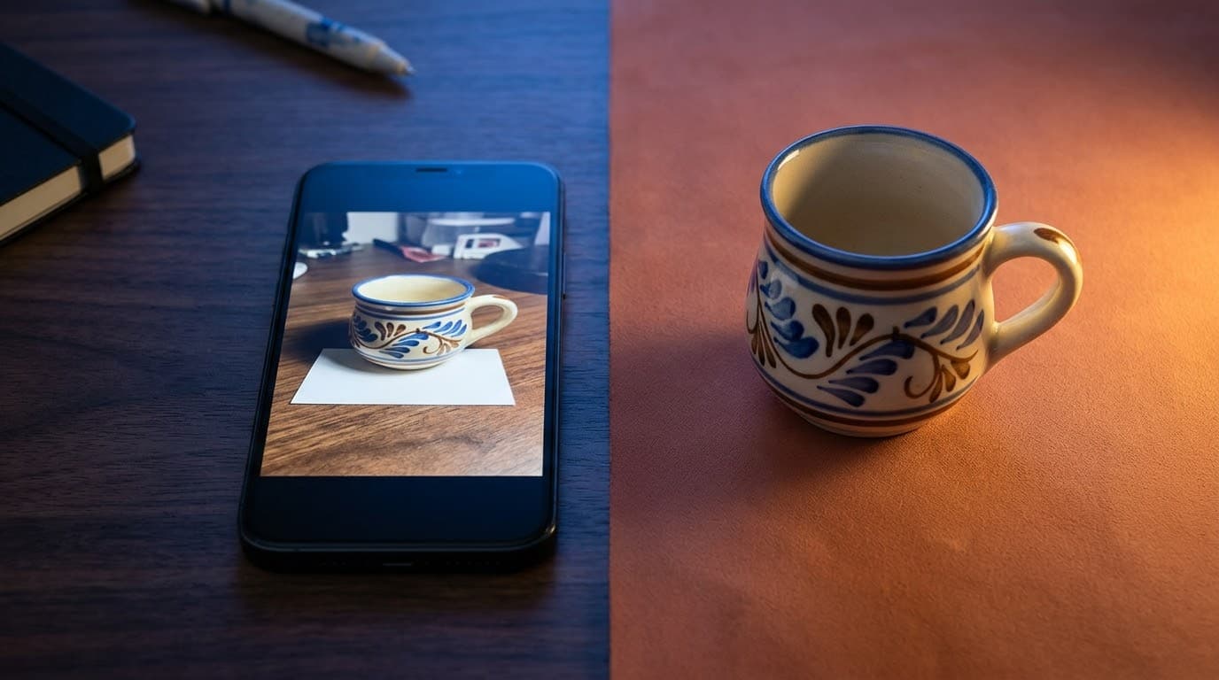 Un móvil con una foto casera de una taza y, a su lado, la misma taza en una foto de estudio profesional sobre fondo terracota.