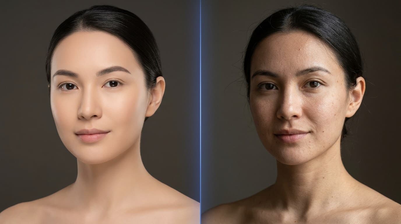 El mismo retrato dividido en dos: a la izquierda, piel artificial de plástico; a la derecha, piel real con textura y luz natural de ventana.