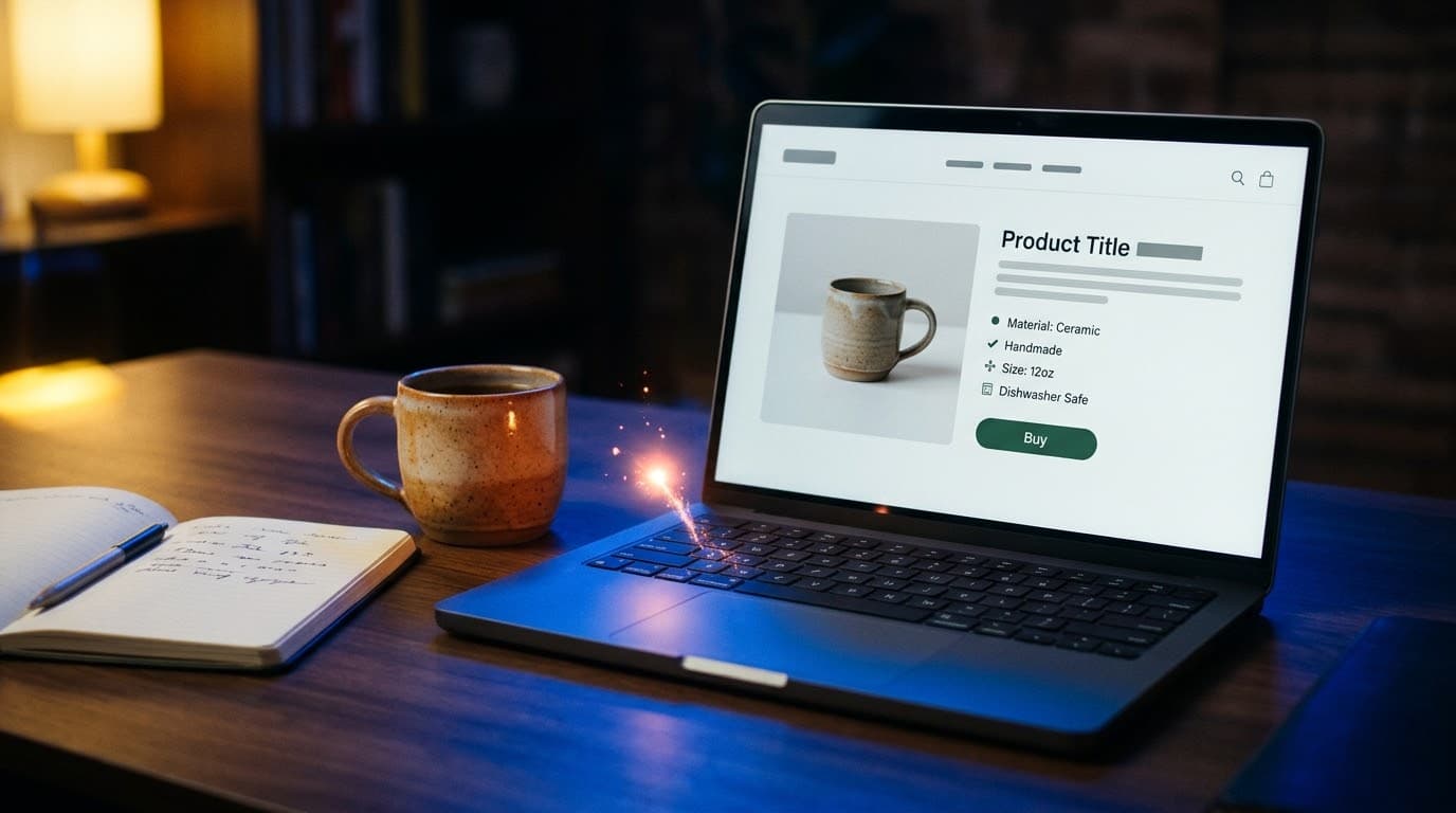 Portátil con una página de producto de una tienda online en pantalla y una pequeña luz sobre el teclado, como un asistente escribiendo.