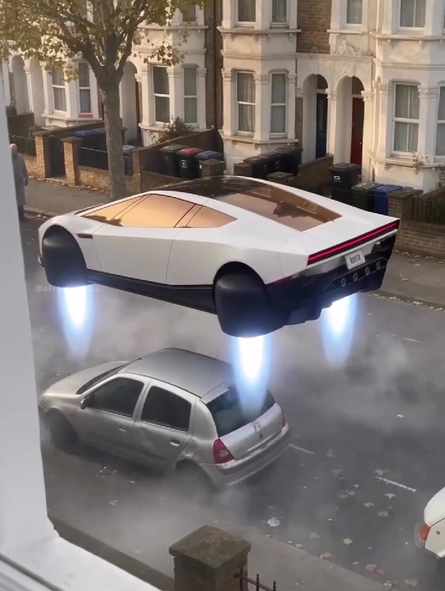 El Roadster flotando sobre una calle de Londres con cuatro chorros de luz debajo y humo en el suelo