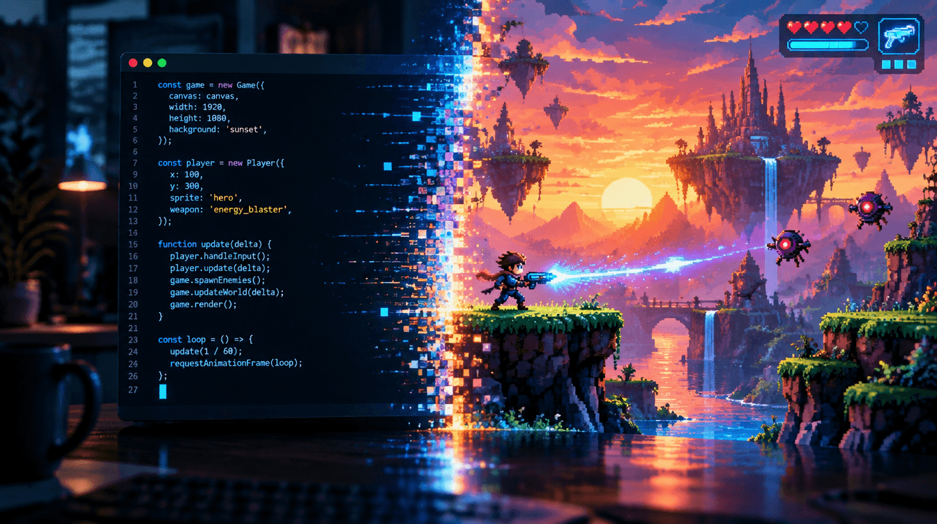 Pantalla dividida: a la izquierda, una terminal escribiendo código; a la derecha, un videojuego pixel art con un personaje que estrena un arma luminosa.