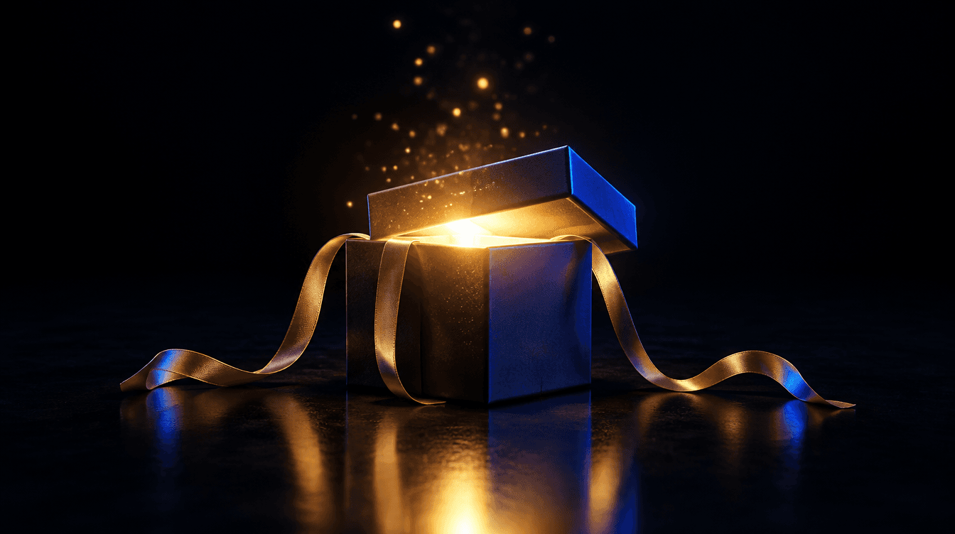 Una caja de regalo entreabierta sobre una mesa oscura, con una luz amarilla saliendo de dentro y un borde azul.