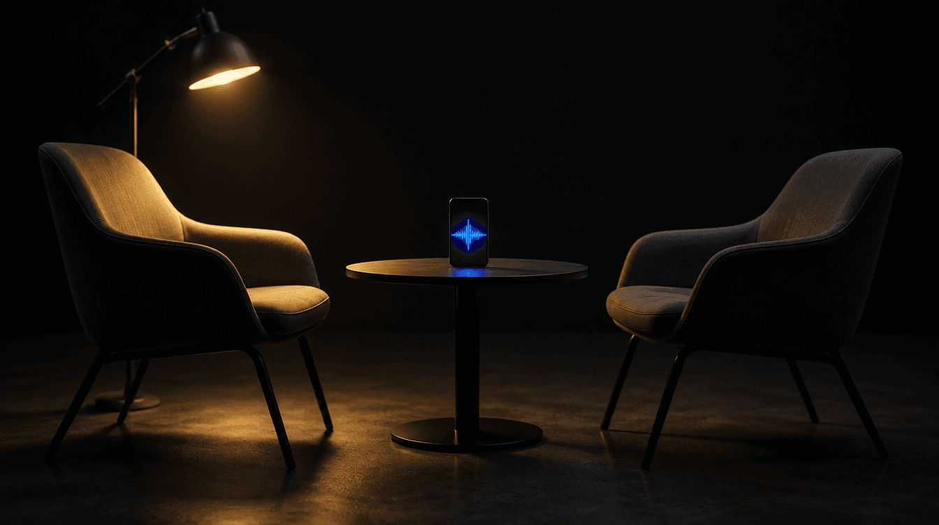 Dos sillas vacías frente a frente en una sala oscura, con un móvil que muestra una onda de voz azul y una lámpara amarilla.