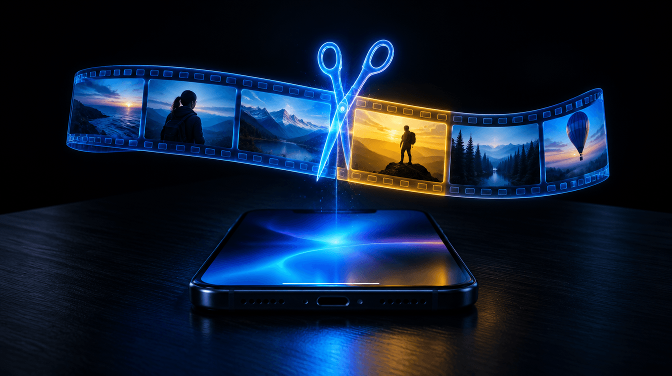Un móvil sobre una mesa del que sale una tira de fotogramas luminosos que unas tijeras de luz cortan.