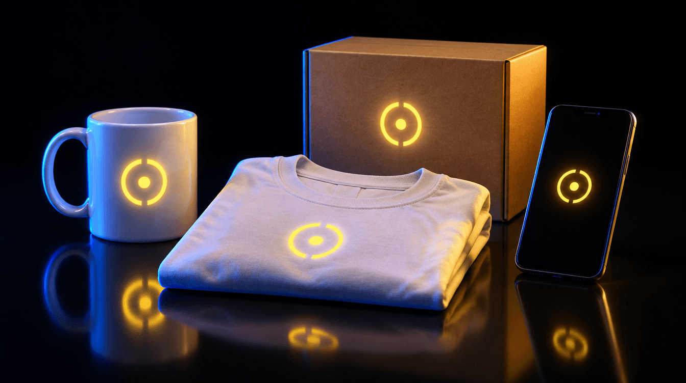 Una taza, una camiseta doblada, una caja de cartón y un móvil sobre una superficie oscura, todos con el mismo símbolo amarillo.