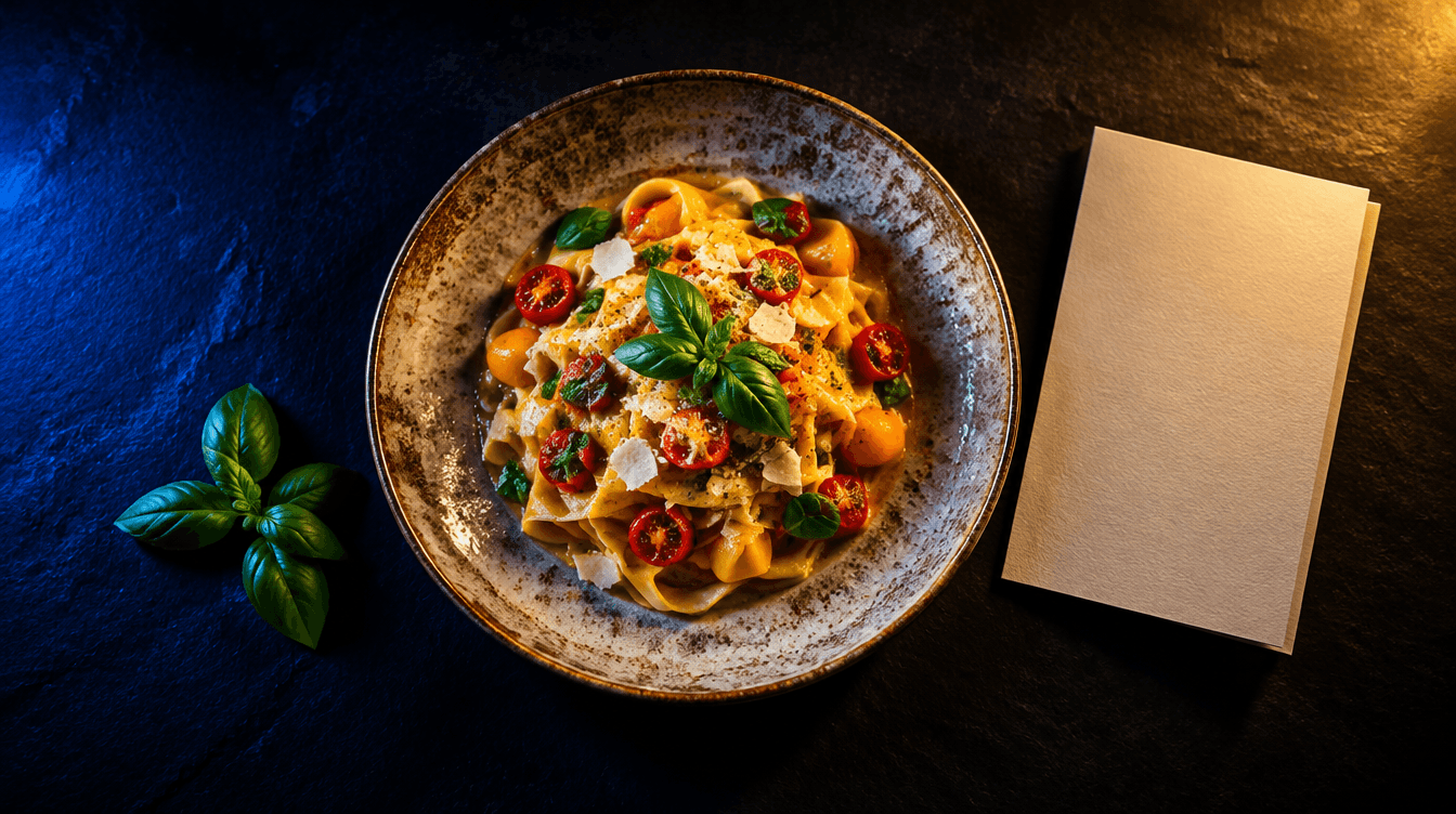 Vista cenital de un plato de pasta junto a una carta de papel en blanco sobre una mesa de pizarra, con luz azul y amarilla.