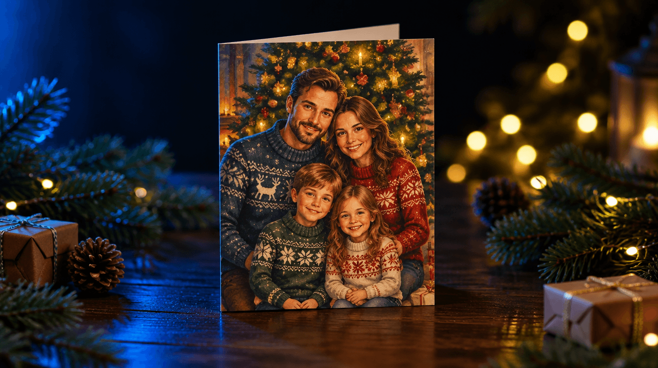 Una postal navideña con la ilustración de una familia en jersey frente a un árbol, sobre una mesa oscura con ramas de pino y luces cálidas.