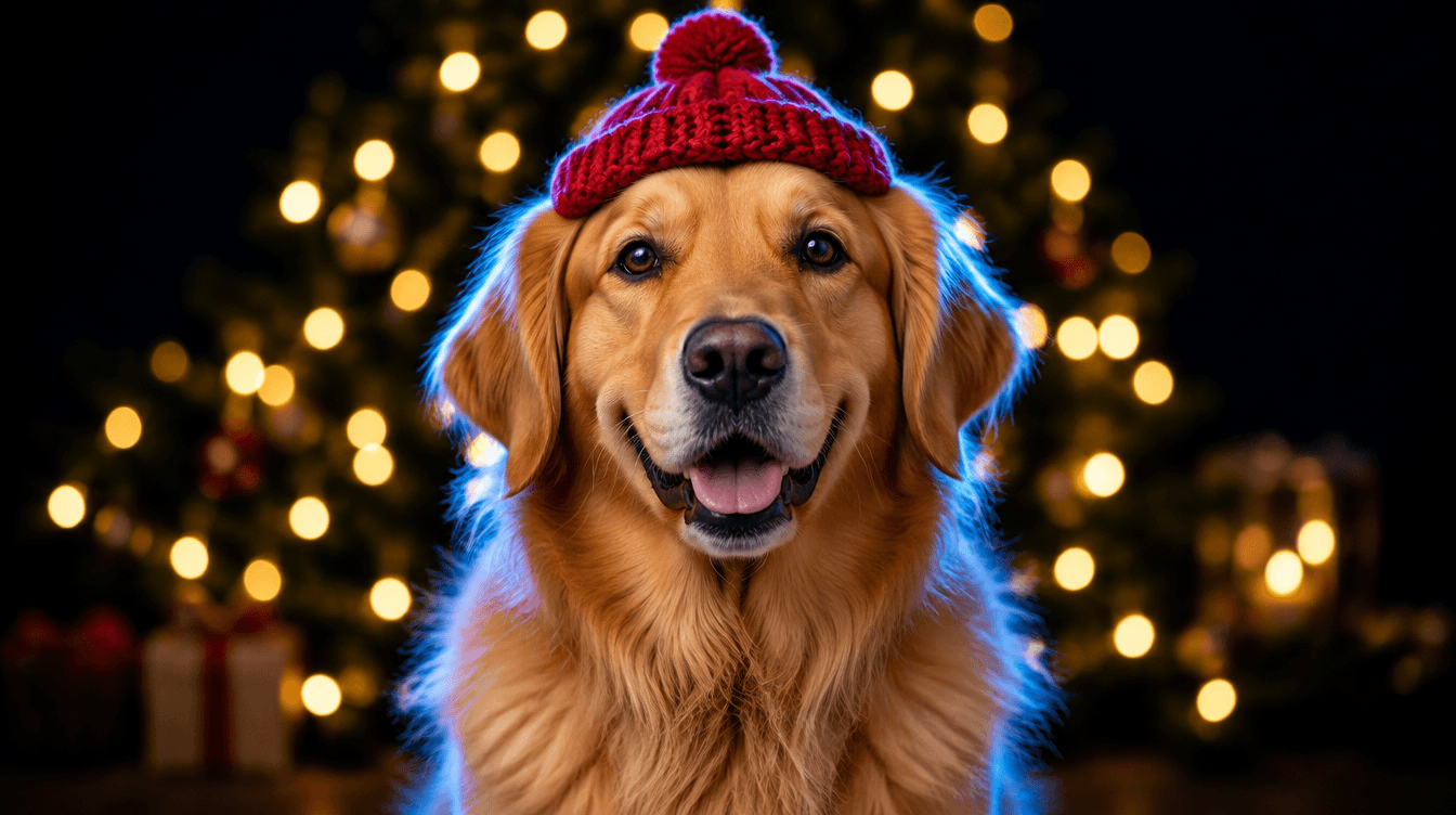 Un perro de pelo dorado con un gorro rojo de lana, mirando a cámara delante de luces navideñas desenfocadas.