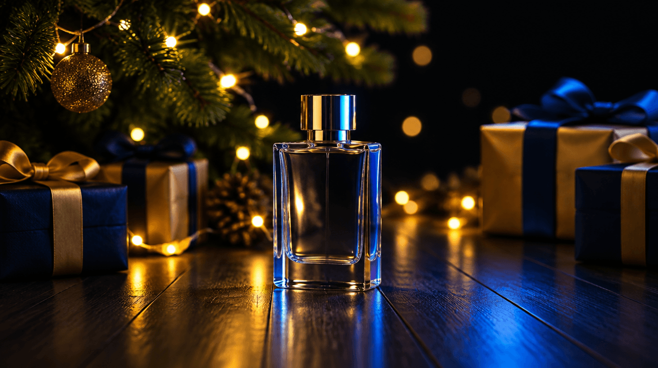 Un frasco de cristal bajo un árbol de Navidad, entre regalos envueltos y luces cálidas desenfocadas, sobre un suelo de madera oscuro.
