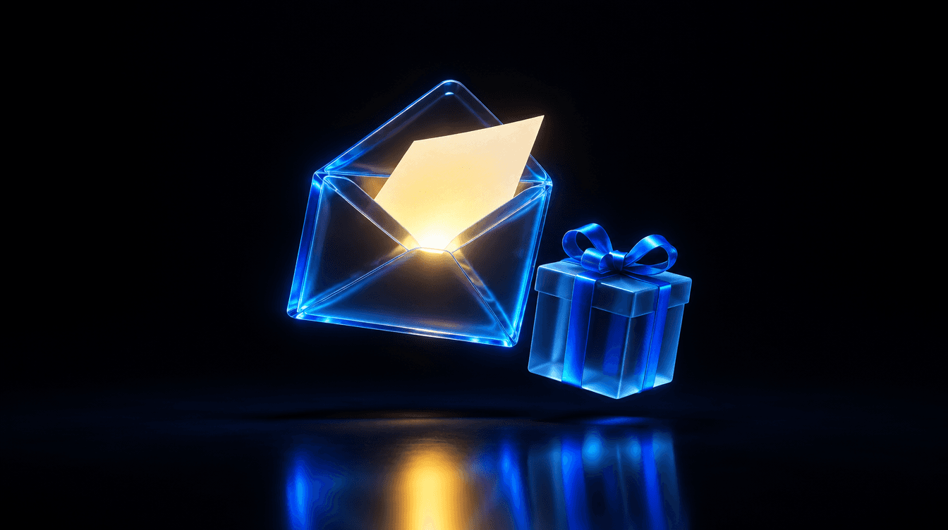 Un sobre de cristal translúcido con una carta iluminada y una caja de regalo, flotando sobre un fondo oscuro con luz azul.