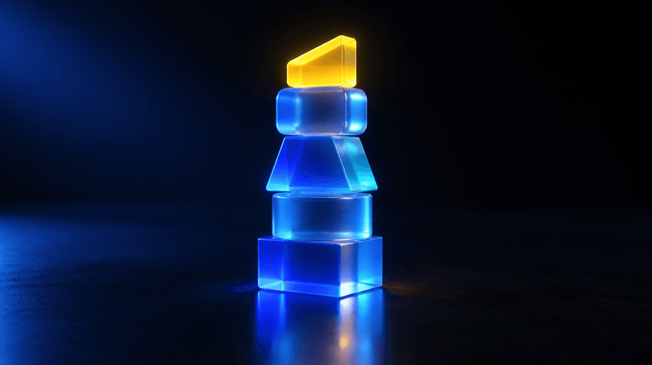 Cinco bloques translúcidos apilados en una torre, iluminados en azul, con el bloque superior brillando en amarillo.
