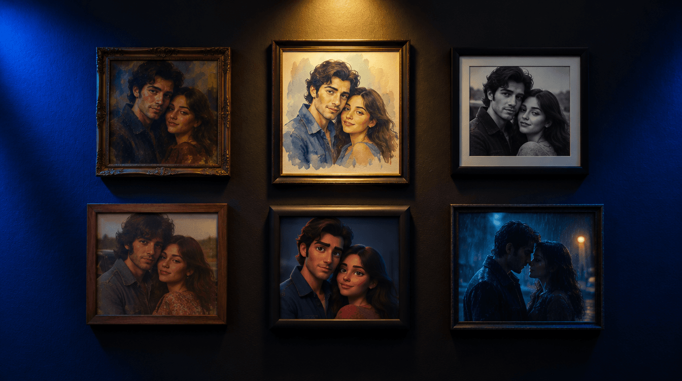 Seis cuadros con la misma pareja en estilos distintos, colgados en una pared oscura con luz azul y un foco amarillo.