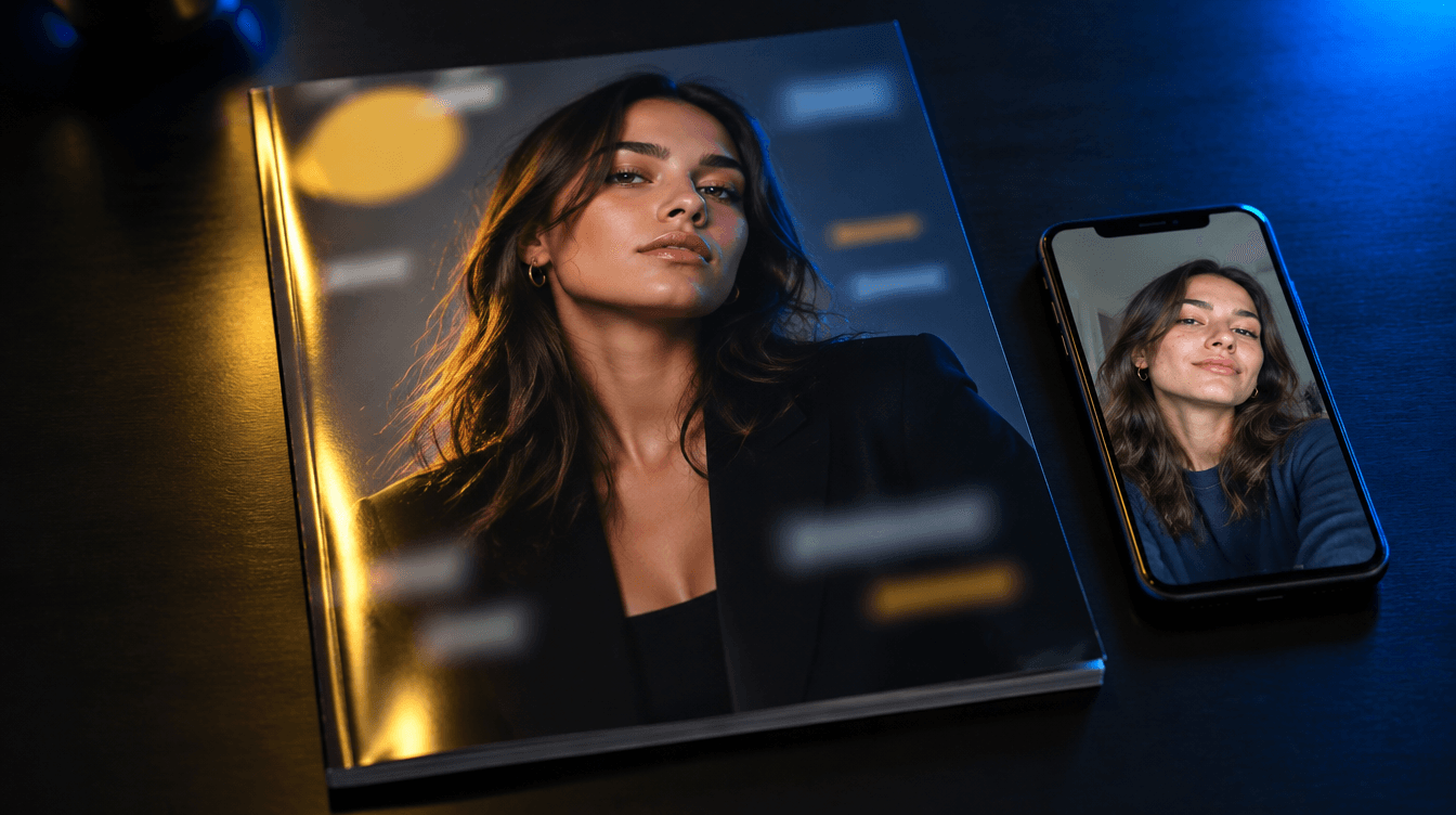 Una revista impresa con una mujer en la portada sobre una mesa oscura, junto a un móvil con el selfie original.