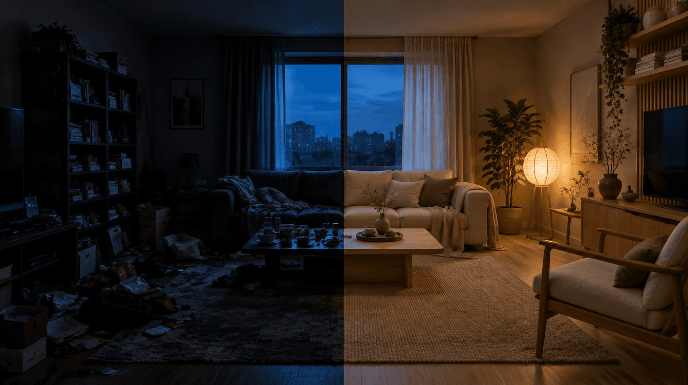 Un salón dividido en dos: a la izquierda desordenado y a la derecha redecorado en estilo japandi con luz cálida.