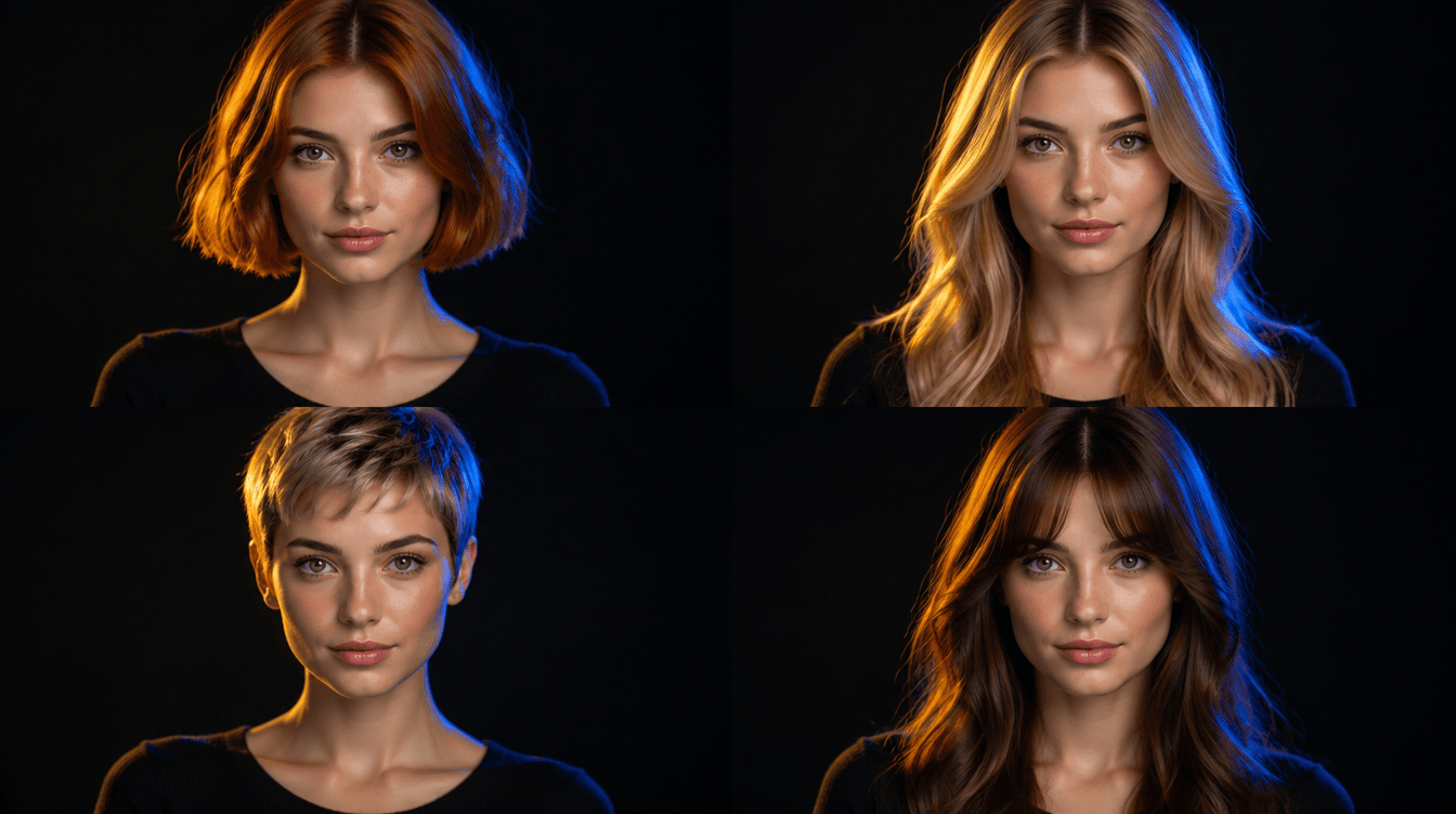 La misma mujer en cuatro retratos con cortes y colores de pelo distintos sobre un fondo oscuro.