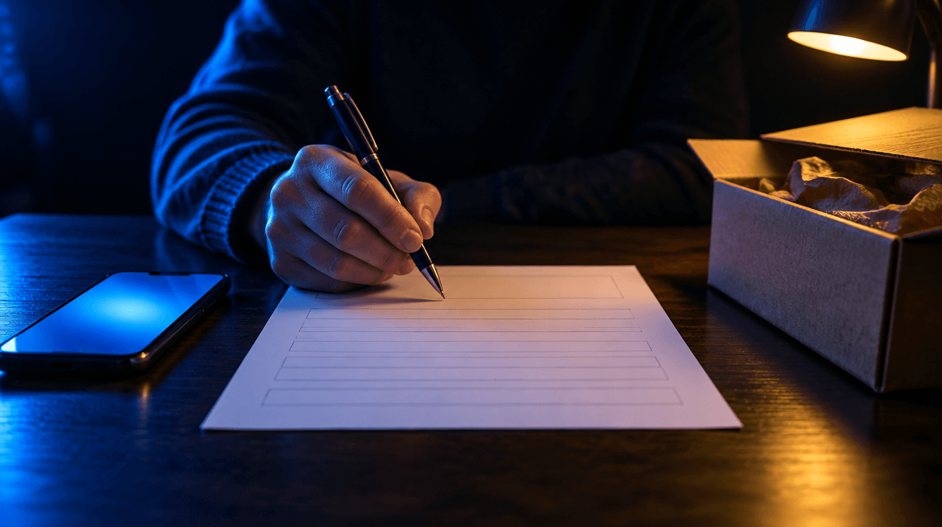 Mano con un bolígrafo sobre un formulario en blanco junto a un móvil y una caja abierta, con luz azul y una lámpara amarilla.