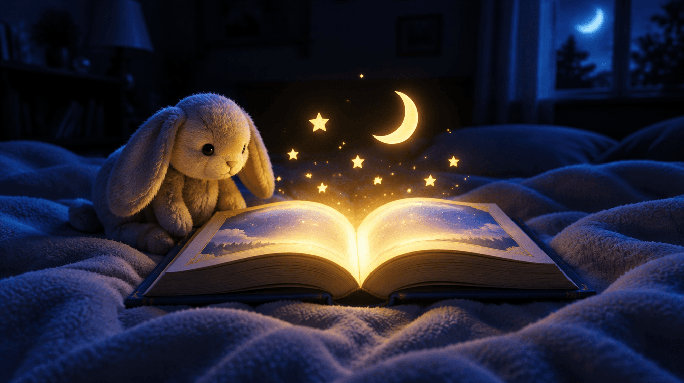 Libro de cuentos abierto que brilla sobre una manta, con un conejo de peluche al lado y pequeñas estrellas doradas encima.