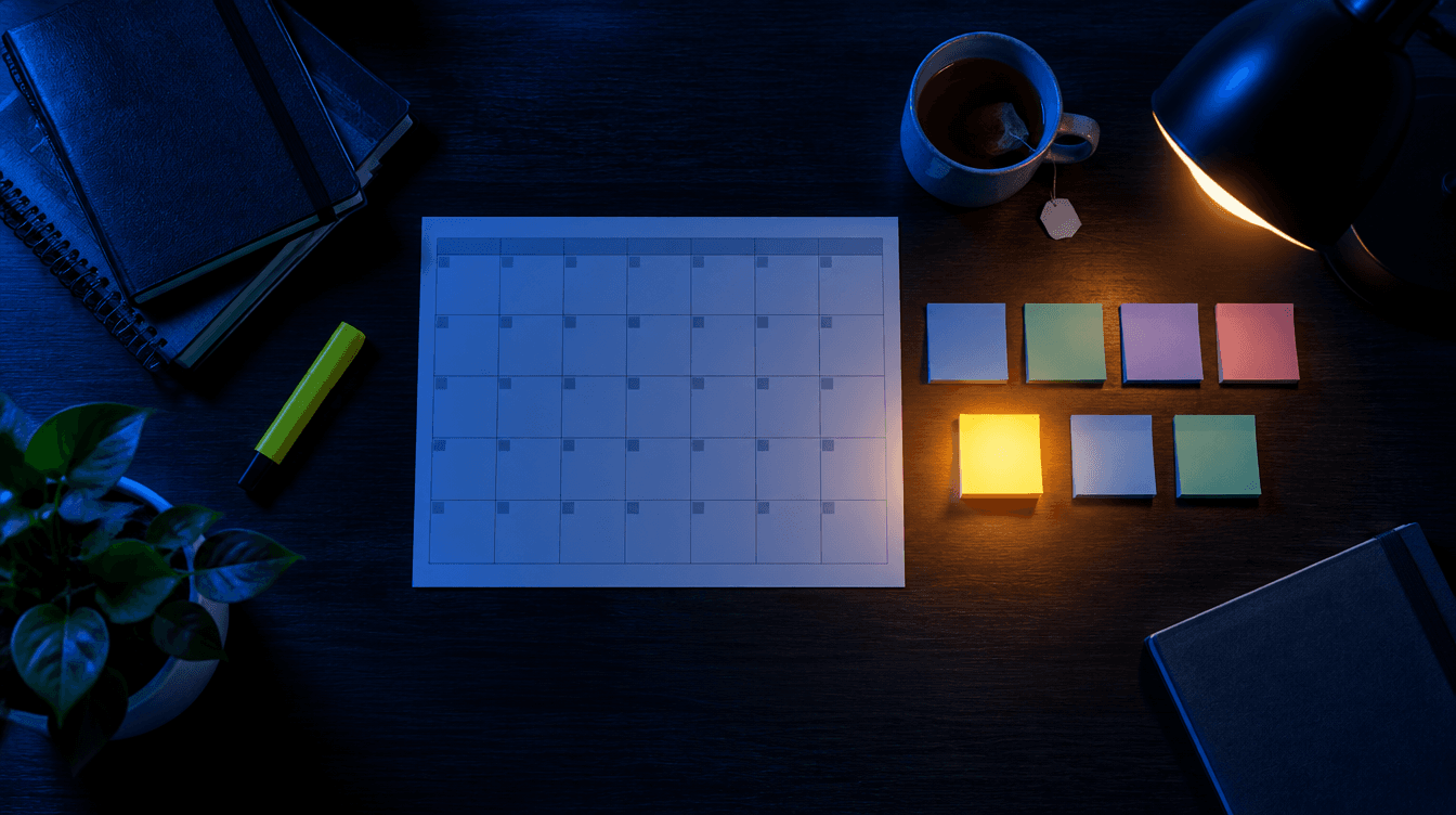 Escritorio de estudio visto desde arriba con un calendario de papel, cuadernos, un subrayador y notas adhesivas ordenadas por semanas.