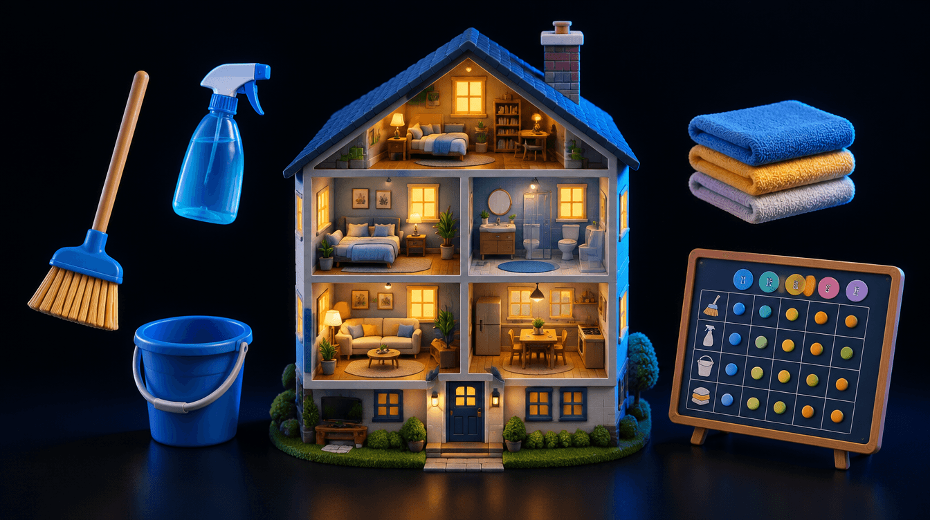 Casa en miniatura vista por dentro, rodeada de una escoba, un pulverizador, un cubo y toallas dobladas, con un tablero de tareas al lado.