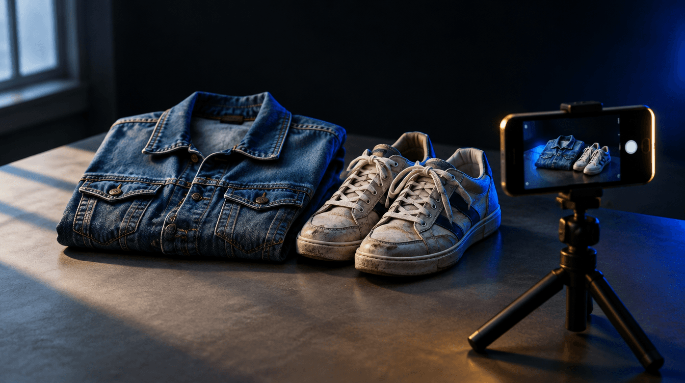 Chaqueta vaquera doblada y unas zapatillas usadas fotografiadas con un móvil sobre un trípode, con luz azul y un toque amarillo.