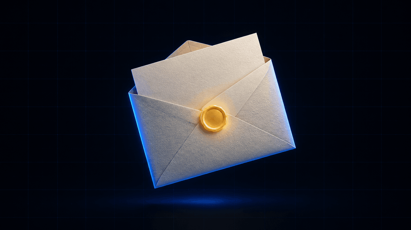 Sobre de papel flotando sobre un fondo oscuro, con una carta saliendo y un sello amarillo brillante.