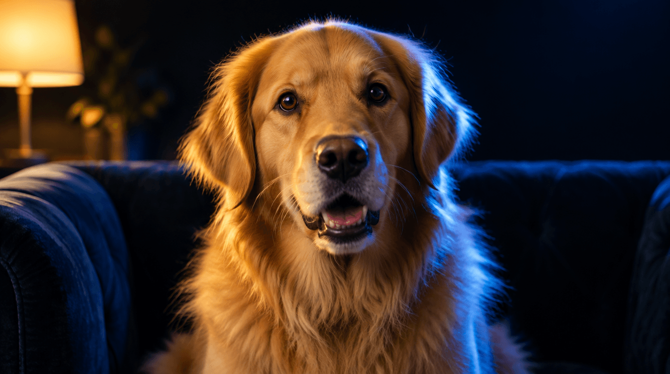 Un perro de pelo dorado sentado en un sofá oscuro mira a cámara con la boca entreabierta, como si hablara, iluminado con luz azul y un toque amarillo.