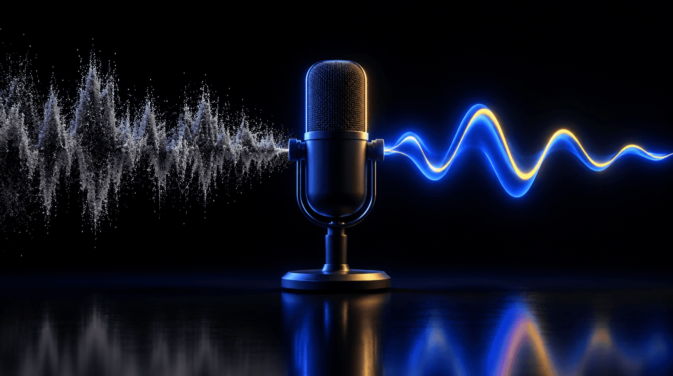 Un micrófono de estudio convierte una onda de sonido desordenada y gris en una onda limpia de color azul con un brillo amarillo.