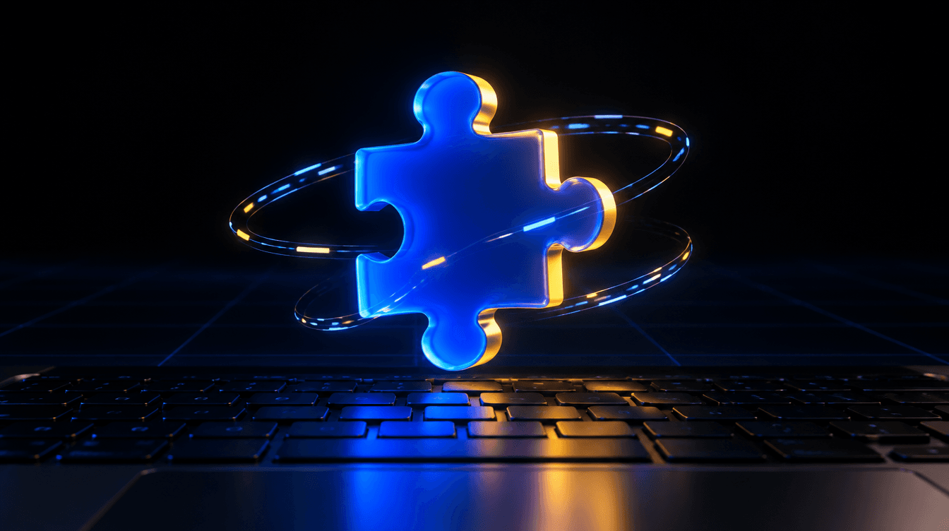 Una pieza de puzle azul brillante flota sobre el teclado de un portátil, rodeada de líneas de luz, como símbolo de una extensión del navegador.