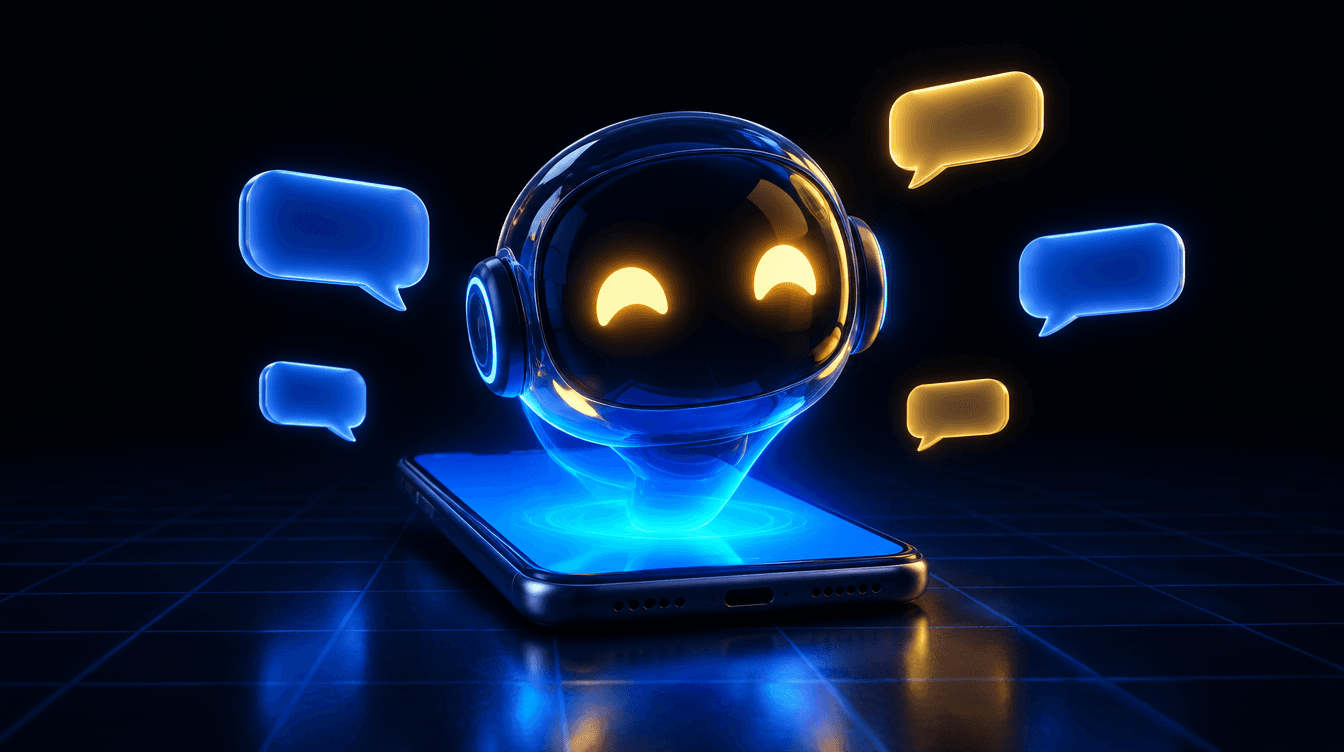 Una pequeña cabeza de robot sale de la pantalla de un móvil rodeada de burbujas de chat, con luz azul y reflejos amarillos.