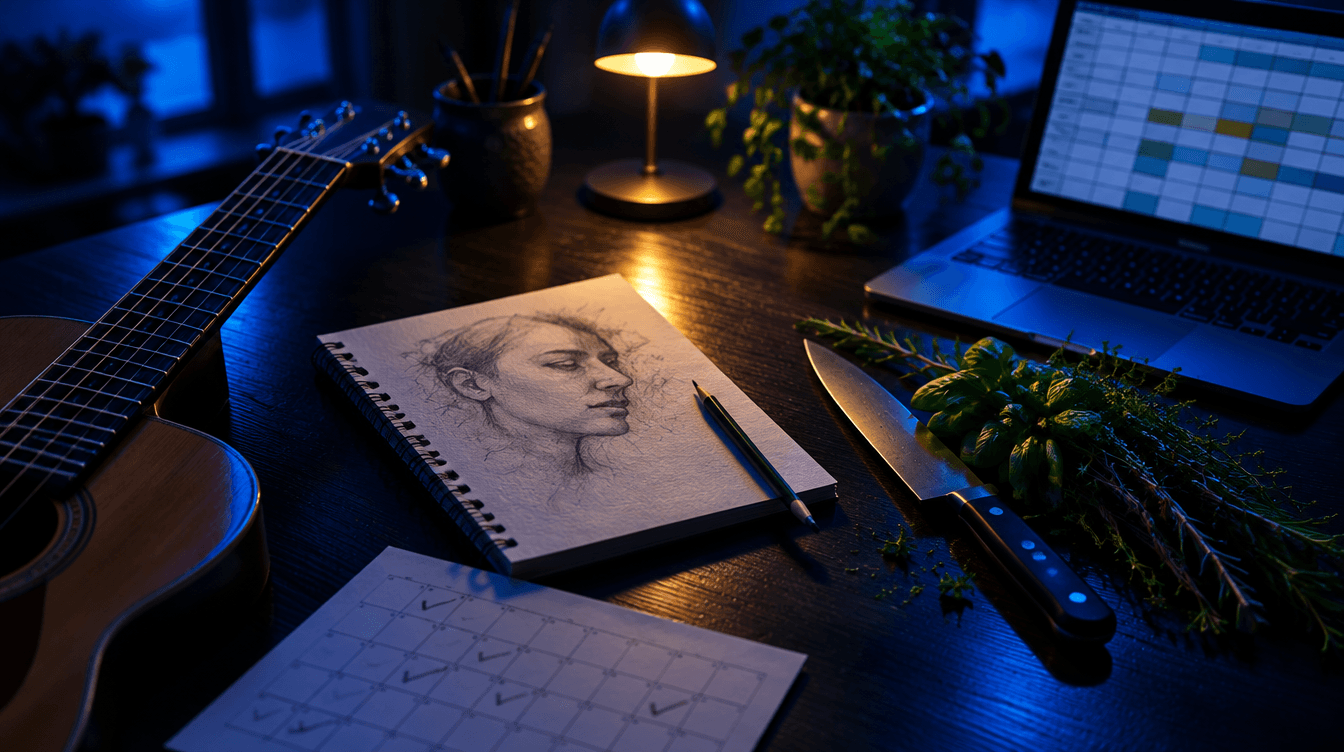 Mesa oscura con una guitarra, un cuaderno de dibujo, hierbas y un portátil, junto a un calendario con días marcados.