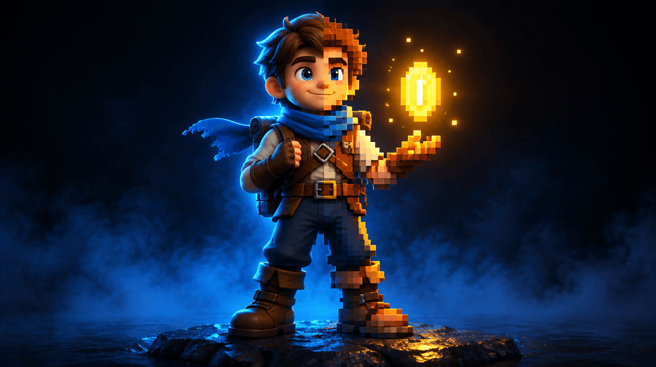 Personaje de videojuego mitad en 3D y mitad en píxeles, iluminado con luz azul y una moneda amarilla brillante.